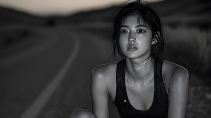 Thoughtful Asian woman resting after a workout on a deserted road.
