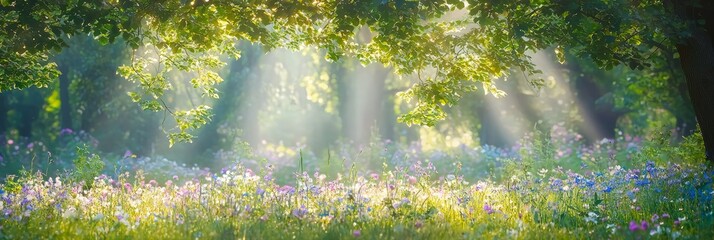 Fototapeta premium Enchanting Forest Glade with Sunlight and Wildflowers - Ultra-Detailed Panoramic Landscape Photography
