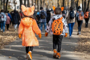 Children in vibrant orange outfits playfully stroll through a bustling autumn park filled with fallen leaves and colorful foliage