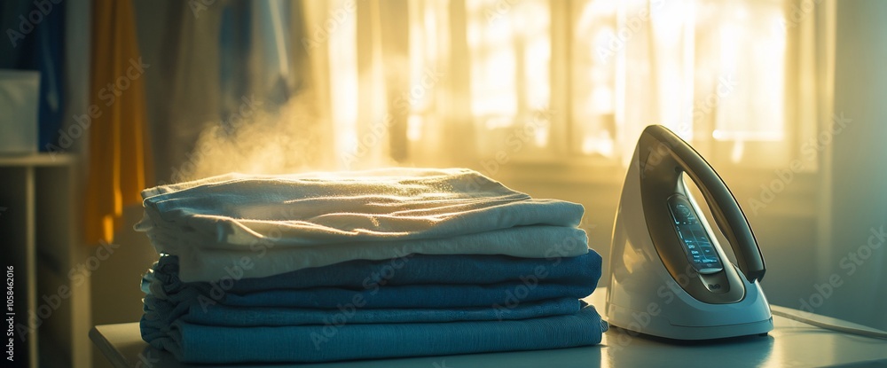 Poster Iron with Steam and Folded Clothes on a Table with the Setting Sun in the Background.
