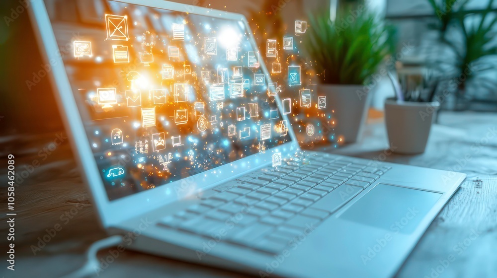 Poster On the white keyboard is a white word processor with lighted communication symbols