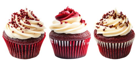 Three delicious red velvet cupcakes with sprinkles on transparent background