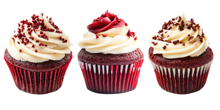 Three delicious red velvet cupcakes with sprinkles on transparent background - Powered by Adobe