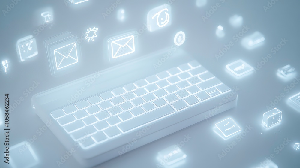 Poster Digital keyboard surrounded by glowing icons representing various applications and functions.