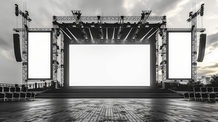 Empty stage with blank screens for concert or event.