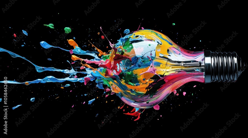 Aufkleber creative light bulb explodes with colorful paint and splashes on a black background. think different