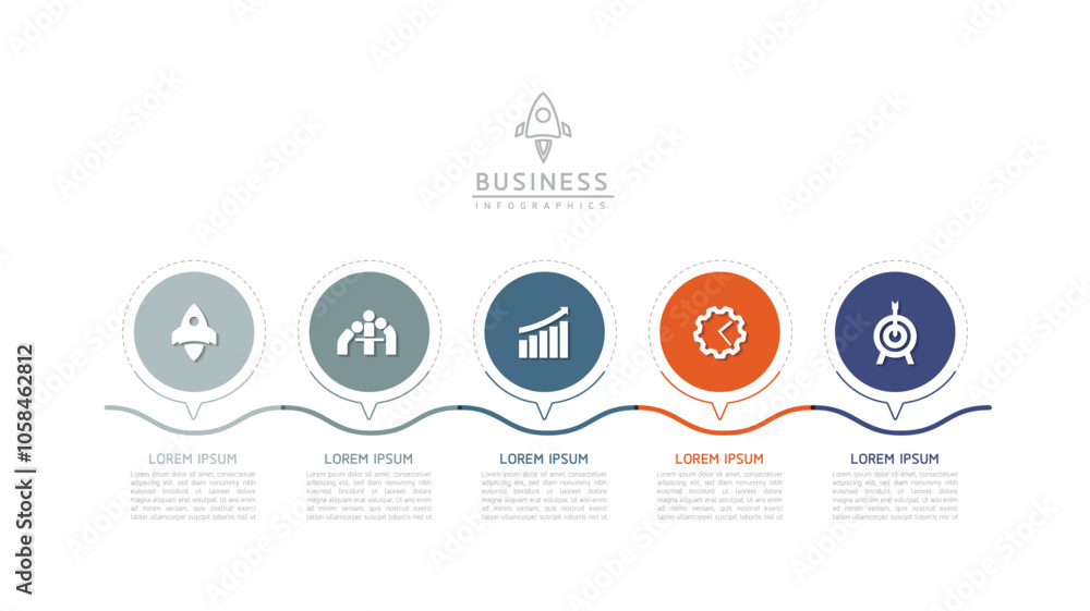 Poster vector infographic business presentation template with circular interconnection with 5 options.