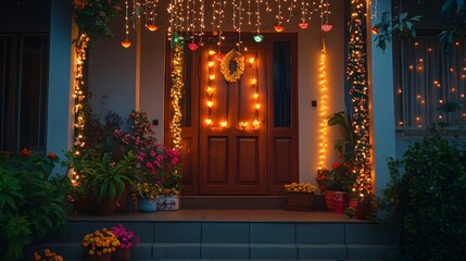 Beautifully decorated front door for Diwali, with glowing diyas, string lights, and flower garlands