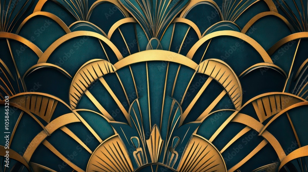 Poster abstract geometric design featuring circular and linear elements in dark and gold tones.