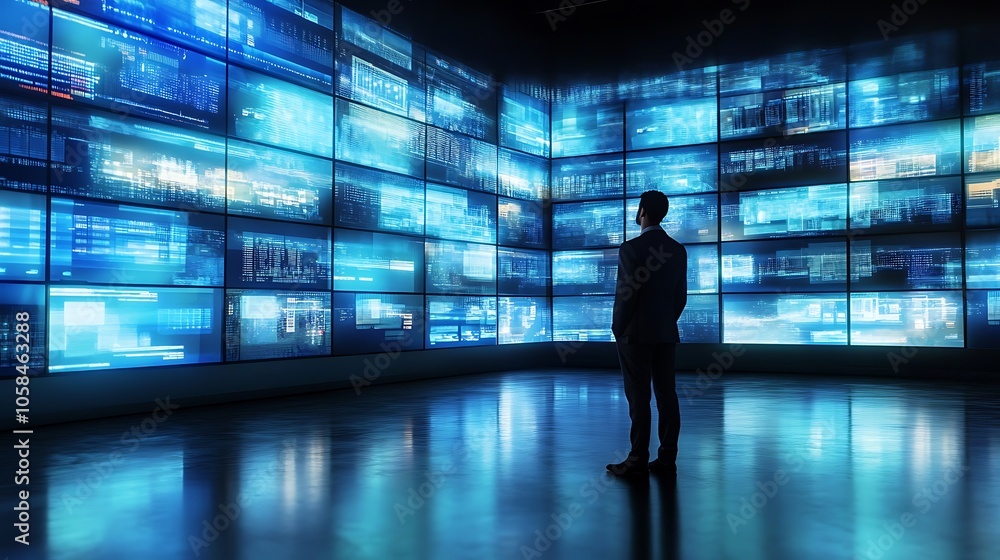 Poster businessman looking at data wall plain textured background for web design and copy