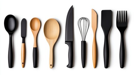 Collection of kitchen utensils including a knife, spoon, and spatula. The utensils are arranged in a row, with some of them being wooden and others being black