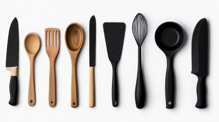 Collection of kitchen utensils including a knife, spoon, and spatula. The utensils are arranged in a row, with some of them being wooden and others being black. Concept of organization and order