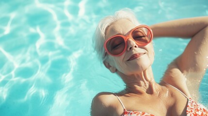 Naklejka premium Middle aged elderly woman relaxing in pool sunbathing wearing cool glasses enjoying vacation holiday after retirement 