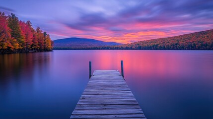 A wooden dock leads out into a calm lake, with a vibrant sunset reflecting off the water and fall foliage lining the shoreline.