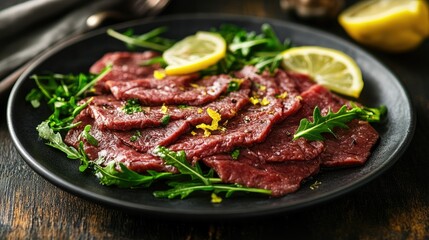 A plate of mouth-watering Italian beef carpaccio garnished with fresh arugula and lemon zest. The dish is captured with elegant lighting, leaving room for branding or text.