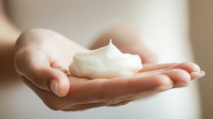 Cream on a hand. A dollop of face cream on a woman’s hand. Showing the smooth texture and moisture effect. 