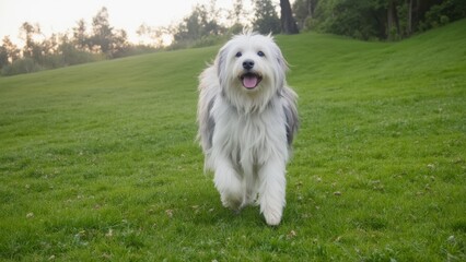 A white and gray dog running across a lush green field
