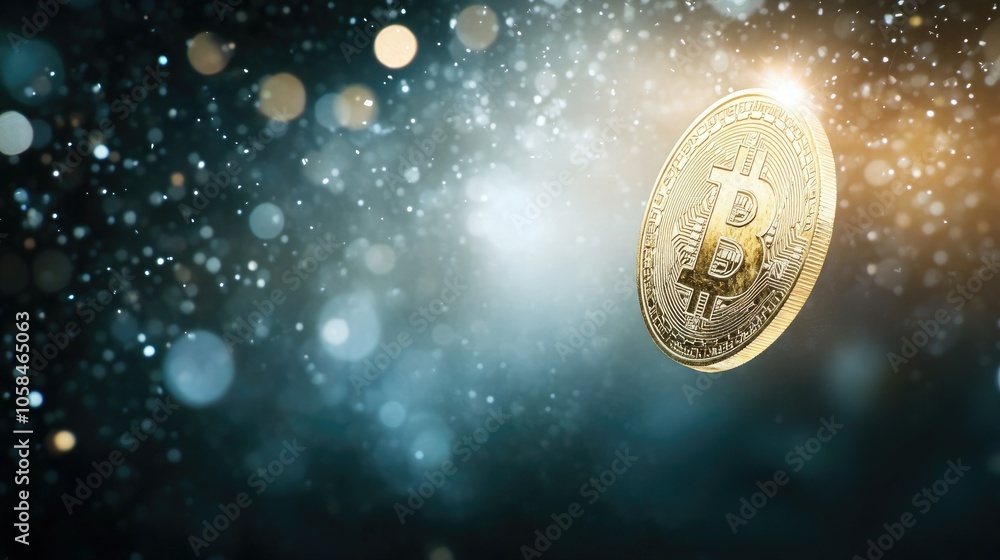 Poster a shining bitcoin coin floating in a shimmering, sparkling background captures the rise of cryptocur