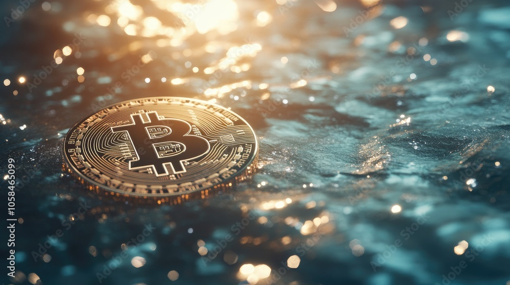 Poster a shining bitcoin coin floating in a shimmering, sparkling background captures the rise of cryptocur