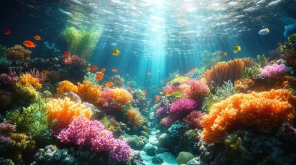Fototapeta premium Vibrant underwater scene with colorful corals and fish.