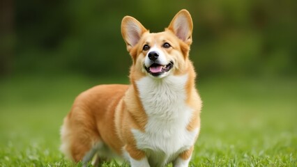 A brown and white dog standing on top of a lush green field
