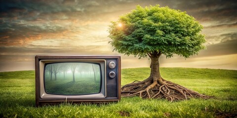 Landscape with green plant and retro TV on grass with tree roots in background