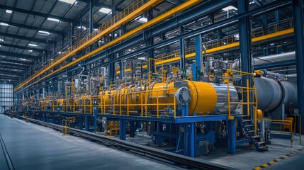 Industrial facility with large machinery and piping for processing or manufacturing.