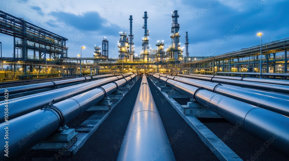 Aufkleber industrial scene with pipelines leading to a refinery illuminated at dusk.
