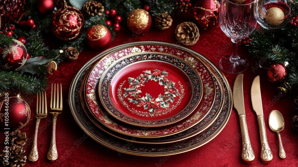 Aufkleber red table setting with a christmas tree and a wreath on the plate. the table is set with a variety o