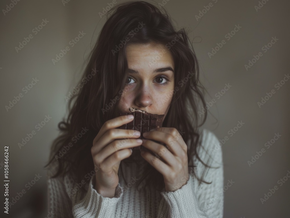 Wall mural A woman eating a piece of chocolate in front of her face. AI.