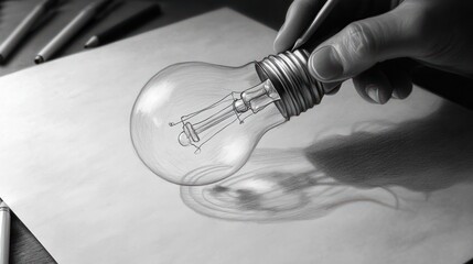Hand Drawing Light Bulb On Paper - Bright Idea Concept