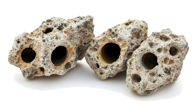 Set of Porous Rocks Featuring Natural Holes on a Clear Background Generative AI