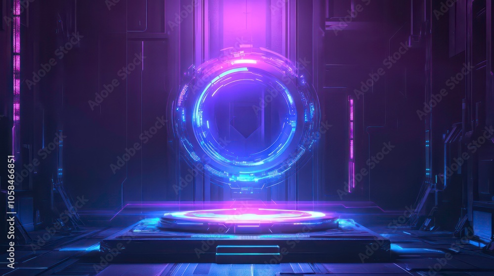 Aufkleber a futuristic portal surrounded by glowing elements in a dark, high-tech environment.
