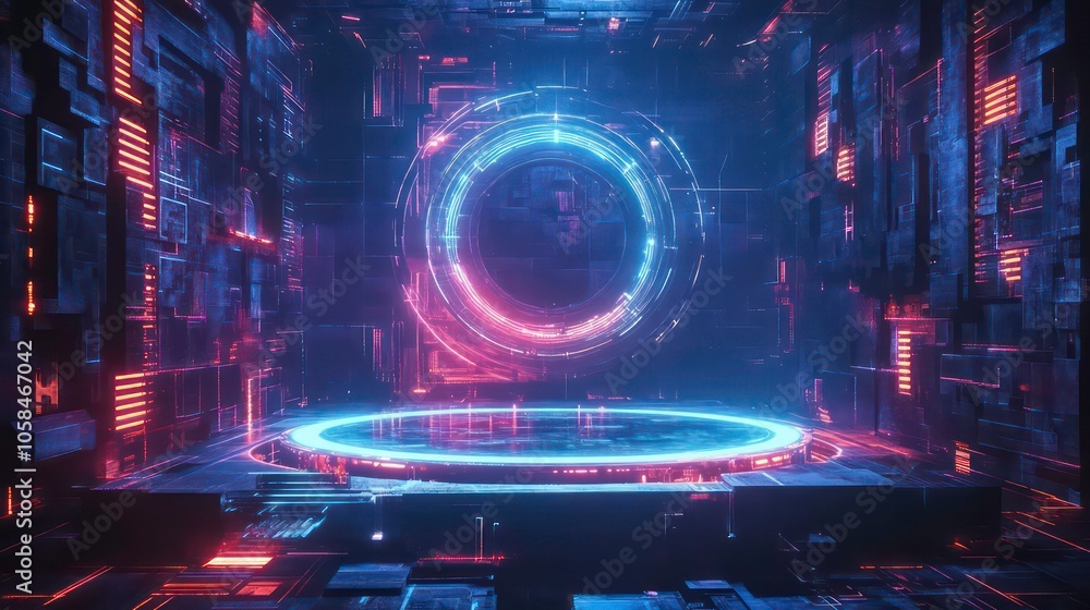 Aufkleber a futuristic digital space featuring a glowing circular portal and illuminated panels.