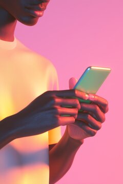 A young person using a smartphone with colorful lighting in a modern indoor setting during the evening