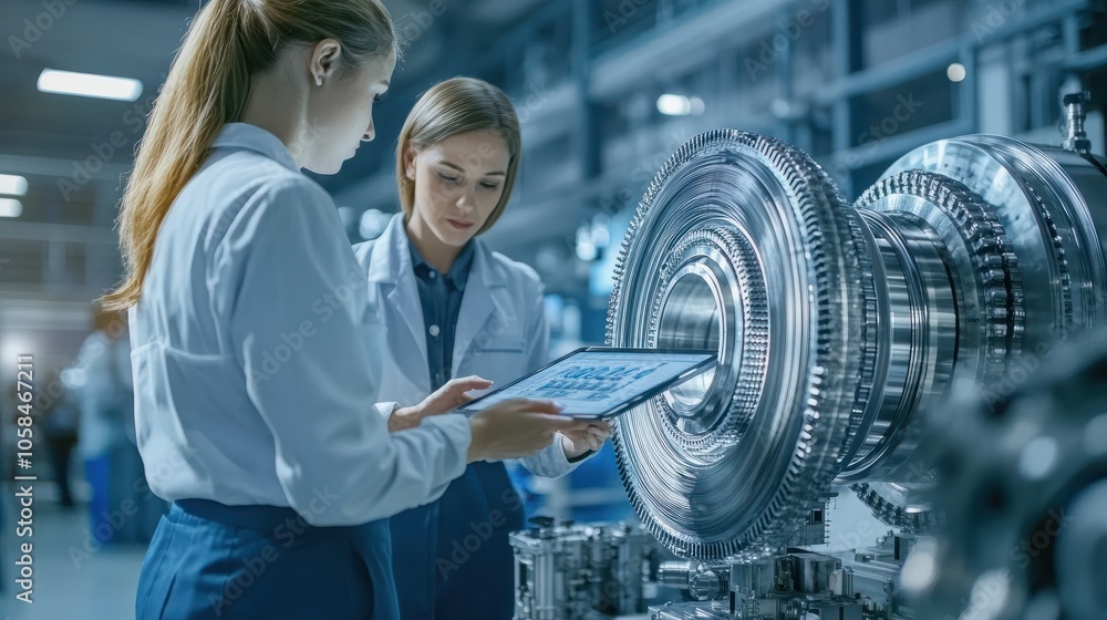 Aufkleber in technology research facility: female project manager talks with chief engineer, they consult tabl