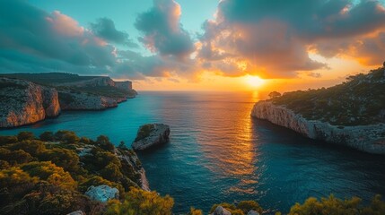 A breathtaking sunset over a serene coastline, highlighting dramatic cliffs and tranquil waters, Ideal for travel brochures, relaxation-themed media, or nature conservation campaigns,