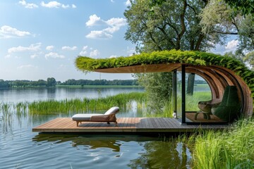 A peaceful haven on a tranquil lake. AI.