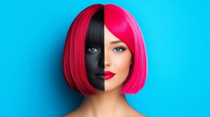 Woman with two different colored hair, one red and one black. The woman is wearing a pink wig