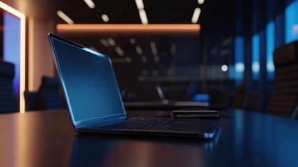 Laptop computer with opened lid on table in meeting room of office workspace.