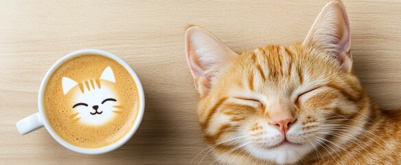 Cat is sleeping on a table next to a cup of coffee. The cat has a smile on its face and the coffee...