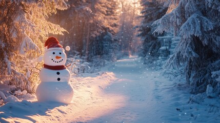 Fototapeta premium Panoramic view of a snowman next to a snow-covered path leading into a dense forest, with room for copy on the left.