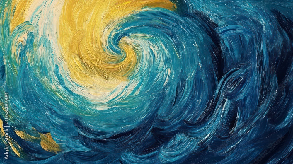 Poster a swirling abstract composition of blue and yellow hues, creating a dynamic visual flow.