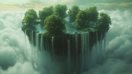 Floating island with waterfalls and trees