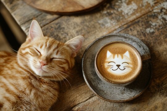 Cat is laying on a wooden table next to a coffee cup with a cat face drawn on it