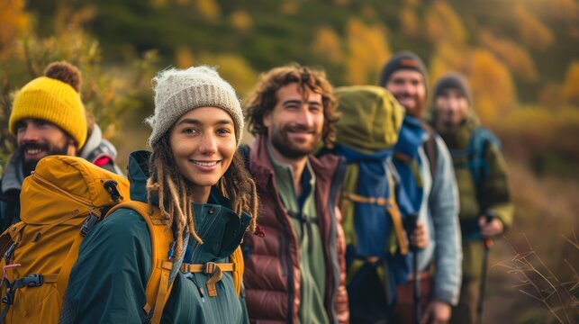 A diverse group of hikers smiles on a trail surrounded by autumn foliage, showcasing teamwork and adventure, This image is ideal for outdoor gear promotions, travel blogs, and wellness campaigns,
