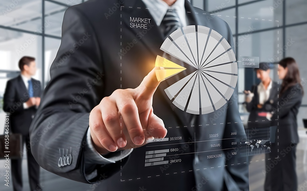 Poster strategic vision: a businessman confidently points at a glowing pie chart, symbolizing data analysis