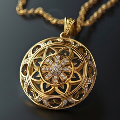 A close-up of a gold pendant with a diamond-encrusted flower design.