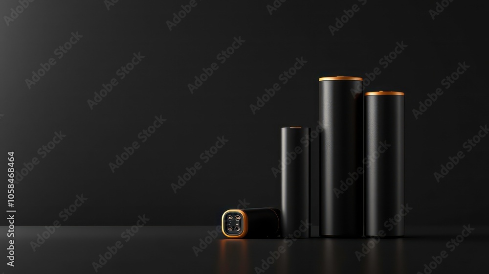 Poster a minimalist arrangement of black cylindrical objects with gold accents on a dark surface.