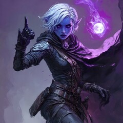 A female elf character with white hair and purple eyes, wearing dark clothing and casting a spell with a glowing orb in her hand.